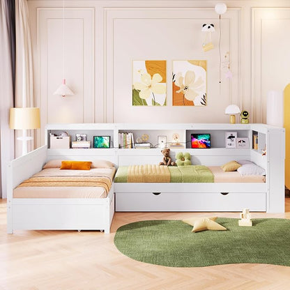 Bellemave L Shaped Corner Bed for 2 Kids, Double Twin Platform BedFrame with Trundle and 5 Storage Shelves, Charging Station, White
