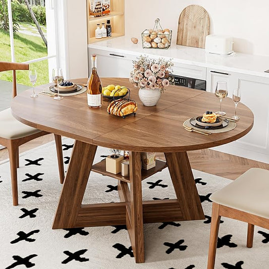 43.3in-59in Extendable Dining Table for 4-6, Round Kitchen Dining Room Table with Removable Leaves Space Saving, Space Saving, Wooden Cross Base with Storage Shelf for Kitchen Living Room (Walnut)