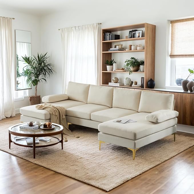 VINGLI 110" Modern Sectional Couch with 51" D Double Chaise, Beige Deep Seat U Shaped Couch with Removable Pillows & Metal Legs, Comfy 4-Seat Sofas for Living Room, Linen Fabric