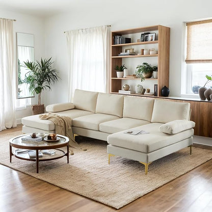 VINGLI 110" Modern Sectional Couch with 51" D Double Chaise, Beige Deep Seat U Shaped Couch with Removable Pillows & Metal Legs, Comfy 4-Seat Sofas for Living Room, Linen Fabric