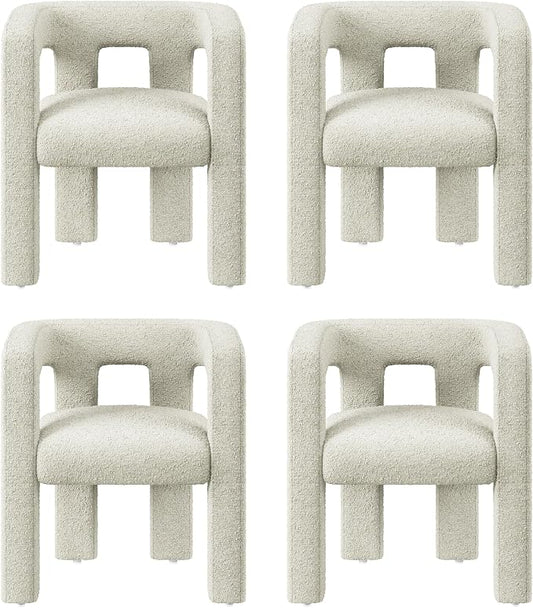 BELLEZE Modern Boucle Barrel Dining Chair Set of 4, Upholstered Linen Kitchen Boucle Armchair with Sidearms and Back, for Dining Room Living Room- Cream