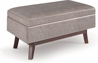 SIMPLIHOME Owen 36 inch Wide Mid Century Modern Small Rectangular Storage Ottoman in Distressed Grey Taupe Vegan Faux Leather, Assembled, For the Living Room, Entryway and Family Room