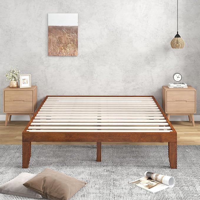 COSTWAY Wood Platform Bed Frame, 14 Inches Solid Rubber Wood Bed Mattress Foundation with Sturdy Slats Support, Easy Assembly Bed Frame for Home Hotel, No Box Spring Needed (Walnut, Queen)