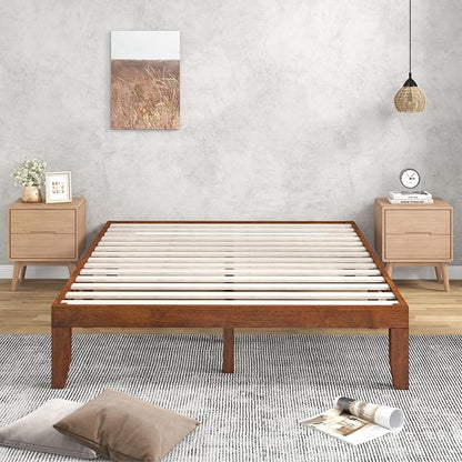 COSTWAY Wood Platform Bed Frame, 14 Inches Solid Rubber Wood Bed Mattress Foundation with Sturdy Slats Support, Easy Assembly Bed Frame for Home Hotel, No Box Spring Needed (Walnut, Queen)