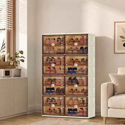 32 Pairs Shoes Storage Cabinet of 3-Step Fast Installation,Plastic Shoe Rack with Clear Magnetic Door for Display, Shoe Organizer for Sneaker, Sandals, Heels (2 Row, 8 Tier)