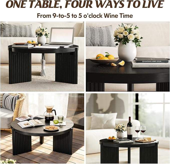 Luoxiao Round Coffee Table for Living Room, 31.5" Black Fluted Coffee Table | Modern Wood Accent Table with Ribbed Base, Sturdy for Family, Apartments, Sectionals, Easy Assembly, Non-Slip Foot Pads