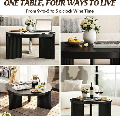 Luoxiao Round Coffee Table for Living Room, 31.5" Black Fluted Coffee Table | Modern Wood Accent Table with Ribbed Base, Sturdy for Family, Apartments, Sectionals, Easy Assembly, Non-Slip Foot Pads
