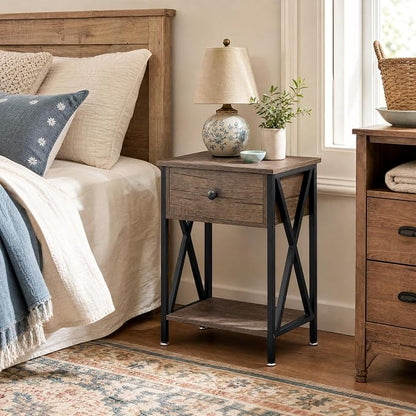 VECELO Nightstands Set of 2, Modern Bedside End Tables, Night Stands with Drawer and Storage Shelf for Living Room Bedroom, Industrial Metal Frame