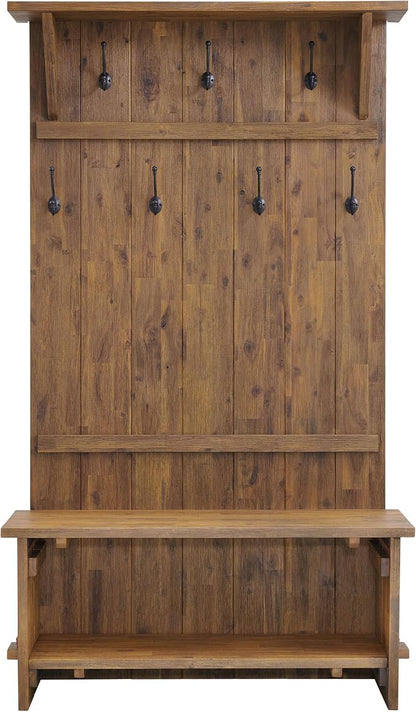 Alaterre Furniture Bethel Hall Tree with Bench – Rustic 70-Inch Entryway Organizer with 7 Metal Double Coat Hooks, Solid Wood Bench and Storage Shelves for Mudroom or Hallway (Natural Aged Brown)