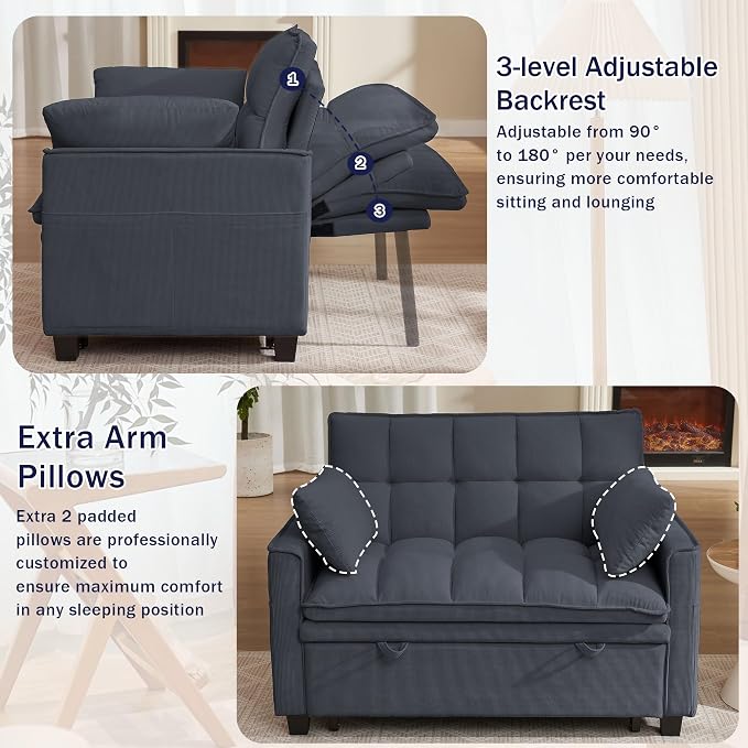 Sleeper Sofa with Pull Out Couch Bed, 48.43" Convertible Pull-Out Sofa Bed Chair, 3-in-1 Futon Couch with Reclining Backrest and Side Pockets for Living Room Bedroom Apartment, Dark Grey
