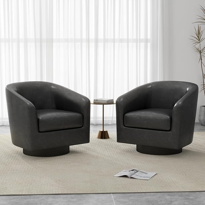 Faux Leather Swivel Accent Chair, Upholstered Barrel Chairs for Living Room, Small Club Chair Modern Single Sofa Bedroom Reading Seat - Black, Set of 4