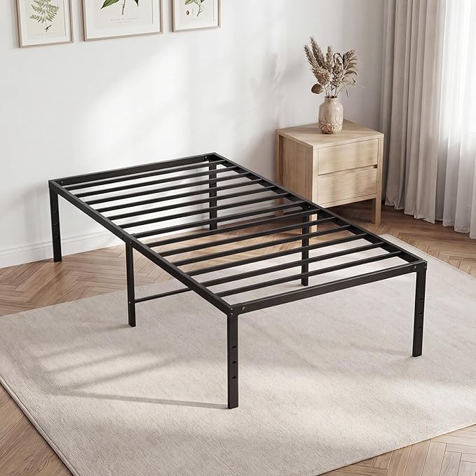 DUMOS Twin Size 16 Inch Bed Frame - Metal Platform Bed Frame Mattress Foundation with Steel Slat Support, No Box Spring Needed, Storage Space Under Base, Easy Assembly, Black