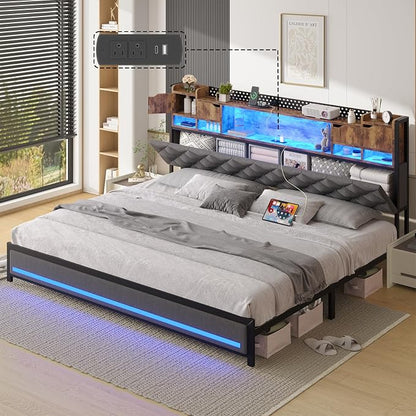 Dnxao King Size Bed Frame with Storage and Upholstered Headboard,Heavy Duty Metal Platform Bed with LED Lights,Charging Station & Hidden Shelves,Noise-Free,No Box Spring Needed,1200lbs,Gray
