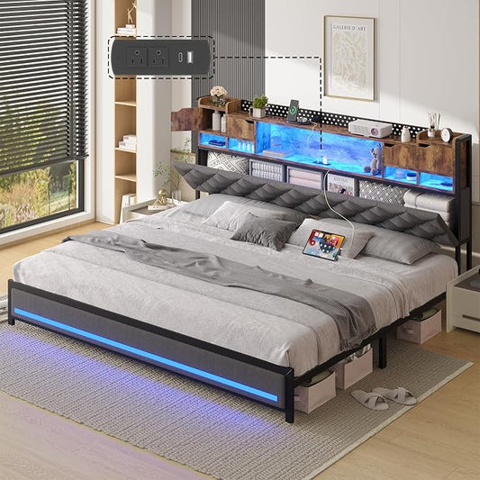 Dnxao King Size Bed Frame with Storage and Upholstered Headboard,Heavy Duty Metal Platform Bed with LED Lights,Charging Station & Hidden Shelves,Noise-Free,No Box Spring Needed,1200lbs,Gray