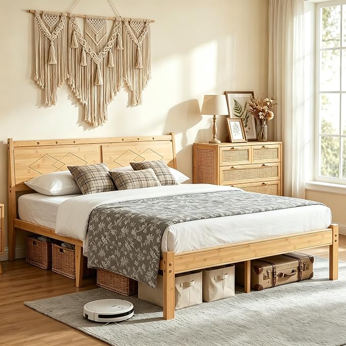 Askeld 12 inch Bamboo King Bed Frame with Headboard, Light Cottagecore Solid Wood Platform Bed No Box Spring Needed, Easy Assembly, Noise Free