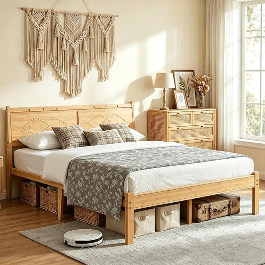 Askeld 14 inch Bamboo King Bed Frame with Headboard, Light Cottagecore Solid Wood Platform Bed No Box Spring Needed, Easy Assembly, Noise Free
