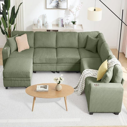 127" Modular Sectional Sofa with Storage, Corduroy 7-Seater V-Shaped Sofa with Ottoman Chaise, Convertible L-Shaped U-Shaped Cloud Sectional Couches for Living Room, Apartment