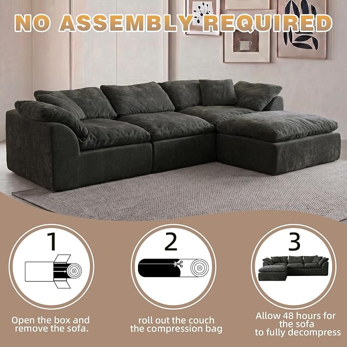 109" Boneless Cloud Couch Sectional for Living Room, Oversized Modular L Shaped Sofa with Ottoman, Deep Seat Chenille Sectional Couch for Cloud-Like Comfort (Onyx Black)