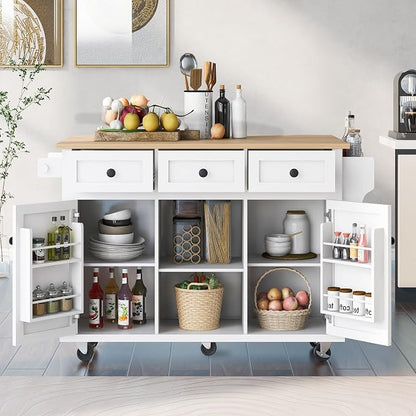 Large Kitchen Island with Rubber Wood Drop Leaf, Rolling Kitchen Cart with Ample Storage on Wheels with Doors and Drawers for Dining Room (Modern White, White Handle, 53Inch)