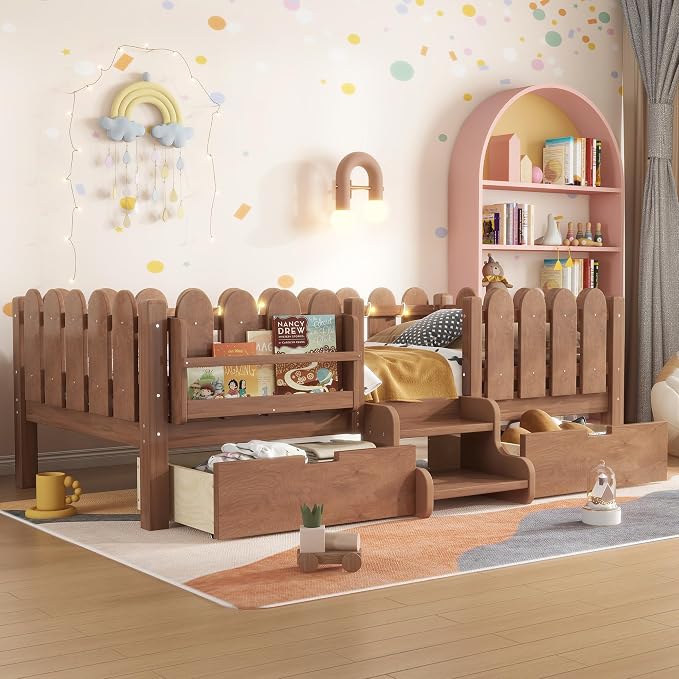 Bellemave Twin Montessori Bed with Stairs, Lights, Rails and Slats, Twin Size Montessori Floor Bed with Bookshelf and 2 Storage Drawers, Easy Assemble Beds Frame for Girls, Boys, Natural