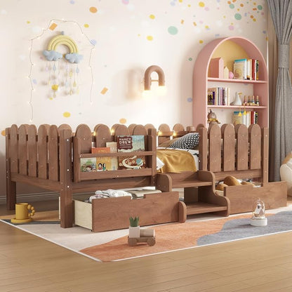 Bellemave Twin Montessori Bed with Stairs, Lights, Rails and Slats, Twin Size Montessori Floor Bed with Bookshelf and 2 Storage Drawers, Easy Assemble Beds Frame for Girls, Boys, Natural