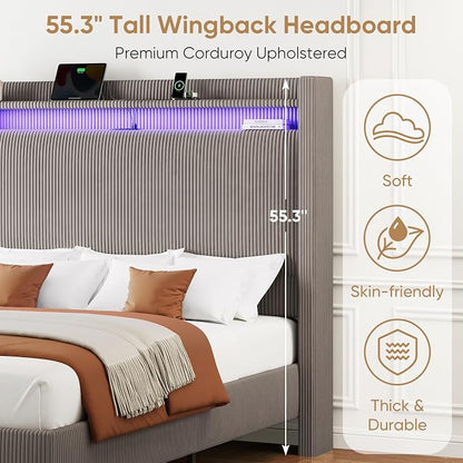 Queen Bed Frame with Tall Headboard, 55.3" Upholstered Platform Bed with LED Lights & Charging Station, Elegant Corduroy Bedframe, 2-tier Storage Wingback Headboard, No Box Spring Needed, Gray Brown
