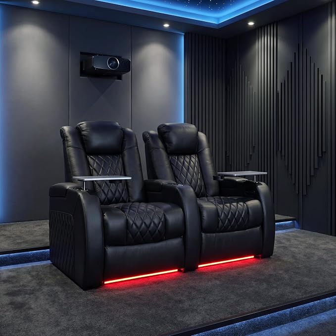Weilianda Home Theater Seating Top Grain Leather Zero Gravity Recliner Chair Power Headrest Recline Movie Seat Gaming 7 Colors Mood Light Sofa with Tray Table USB Charge Row of 2 Black