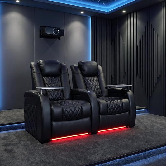 Weilianda Home Theater Seating Top Grain Leather Zero Gravity Recliner Chair Power Headrest Recline Movie Seat Gaming 7 Colors Mood Light Sofa with Tray Table USB Charge Row of 2 Black