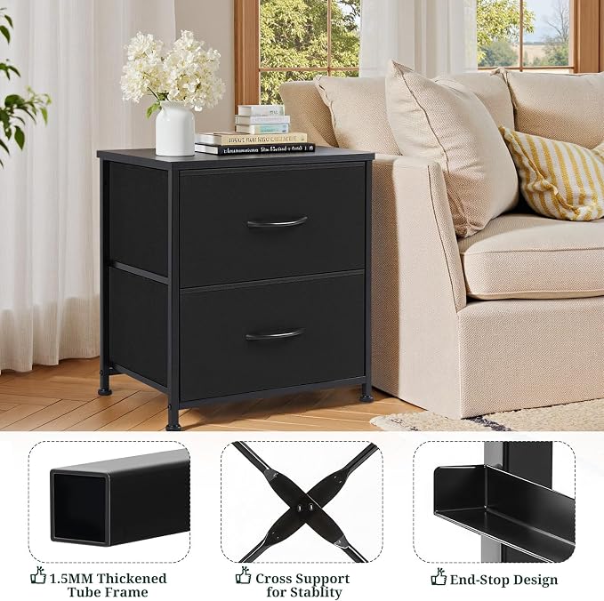 Nightstand Set of 2 Upgraded, Small 2 Drawer Dresser End Table Bedside Furniture, Wooden Top Fabric Bins for Bedroom, Closet, Entryway, Dorm, 11.8" D x 18" W x 20", Black