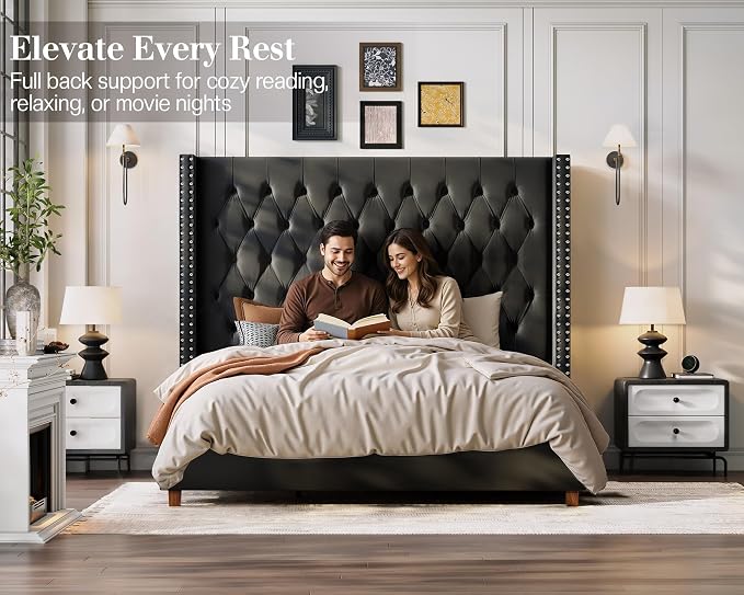 Jocisland Queen Bed Frame 61.4" Tall Headboard Velvet upholstered,Black | Full Back Support Wingback Headboard,Deep Button Tufted Hand-crafted Pleats,Squeak-Free Sleep,Solid Wood Legs,Easy Assembly