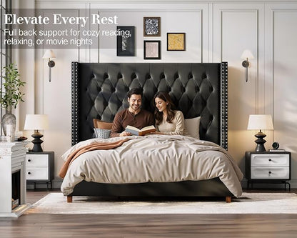 Jocisland Queen Bed Frame 61.4" Tall Headboard Velvet upholstered,Black | Full Back Support Wingback Headboard,Deep Button Tufted Hand-crafted Pleats,Squeak-Free Sleep,Solid Wood Legs,Easy Assembly