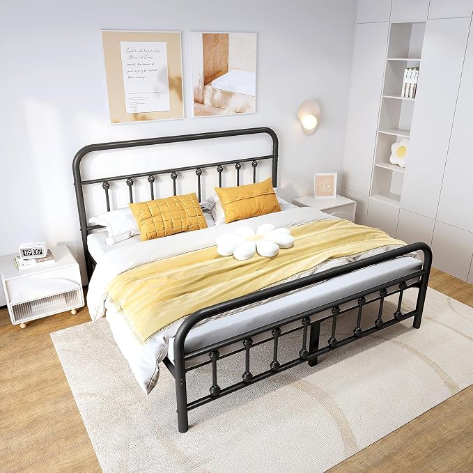 Vengarus Queen Metal Bed Frame with Victorian Headboard & Footboard, Black | 14" Queen Metal Platform Frame, Heavy Duty Steel Slat Support, Noise Free, No Box Spring Needed, Easy Disassembly & Transport