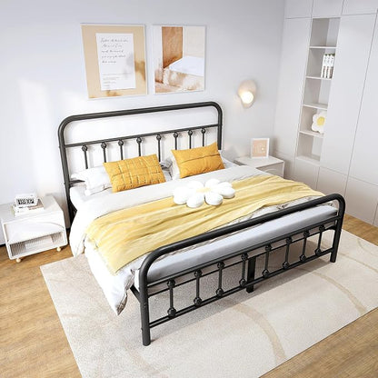 Vengarus King Metal Bed Frame with Victorian Headboard & Footboard, Black | 14" King Metal Platform Frame, Heavy Duty Steel Slat Support, Noise Free, No Box Spring Needed, Easy Disassembly & Transport