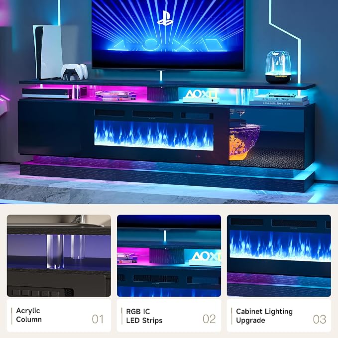 70" Fireplace TV Stand, Modern Entertainment Center for TVs Up to 80", TV Console with Storage Cabinets, Media Console for Living Room, WI-FI Enabled Black TV Stand and Black Fireplace