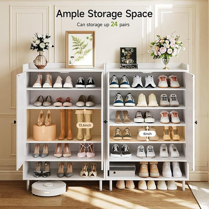 ComfyCorner White 7+1 Tier Farmhouse Shoe Storage Cabinet - 45" Tall Entryway Organizer with Cross Molding Doors, 3 Adjustable Shelves & Metal Legs, Shoe Rack for Front Door Entrance