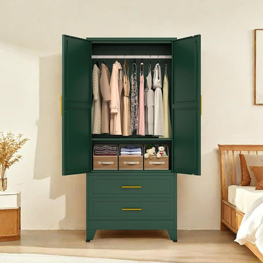 PAOFIN Green 71" Metal Armoire Wardrobe Closet, Bedroom Clothing Storage Cabinet with 2 Drawers and Hanging Rod, Freestanding Armoire Cabinet with Adjustable Shelves