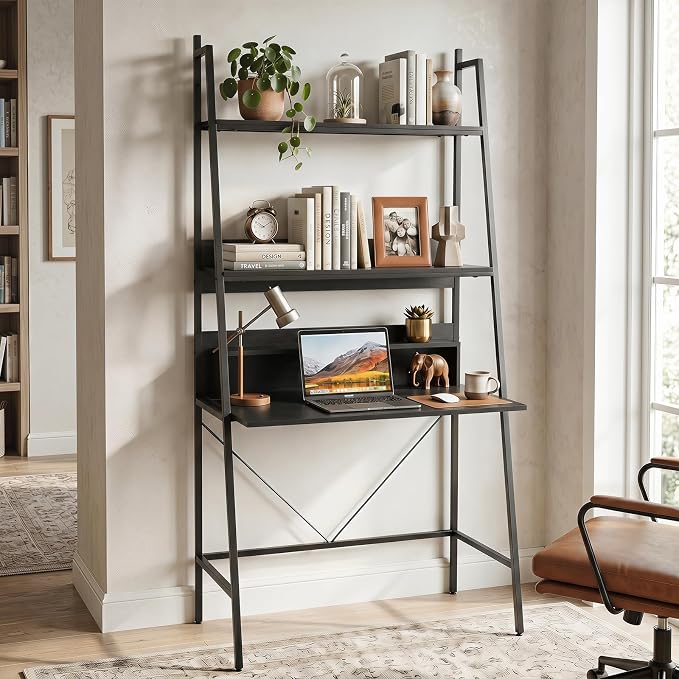 Tangkula 3-Tier Ladder Computer Desk, 71 Inch Modern Writing Desk with Storage Shelves, PC Laptop Workstation, Ladder Bookcase Stand Shelf with Metal Frame, Study Shelf Desk for Home Office (Black)