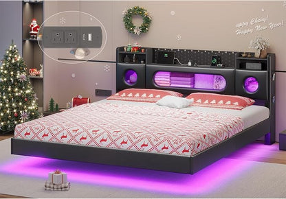 Dnxao California King Bed Frames with Hidden Storage Headboard, PU Black | Floating Bed Frame with LED Lights & Charging Station, No Noise, No Box Spring Needed, Hidden Storage, Easy Assembly