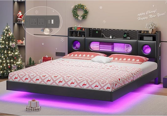 Dnxao California King Bed Frames with Hidden Storage Headboard, PU Black | Floating Bed Frame with LED Lights & Charging Station, No Noise, No Box Spring Needed, Hidden Storage, Easy Assembly