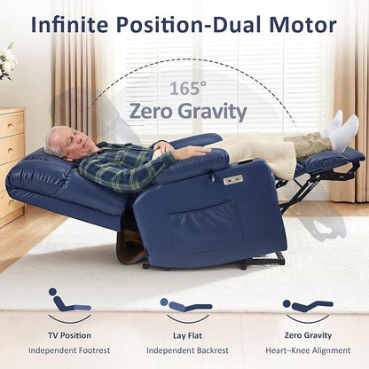 MCombo Small Dual Motor Power Lift Recliner Chair for Elderly, Zero Gravity Lift Chair with Heat and Massage, Lay Flat Recliner for Petite, USB Ports, Faux Leather R7894 (Small-Wide, Blue)