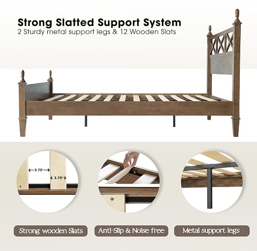 Queen Size Platform Bed Frame, Solid Wood with Headboard & Footboard, Center Metal Legs, 12 Strong Slatted Base, Anti-Noise & Slip-Free, Easy Assembly, No Box Spring Needed, Barnwood Finish RIQ-30