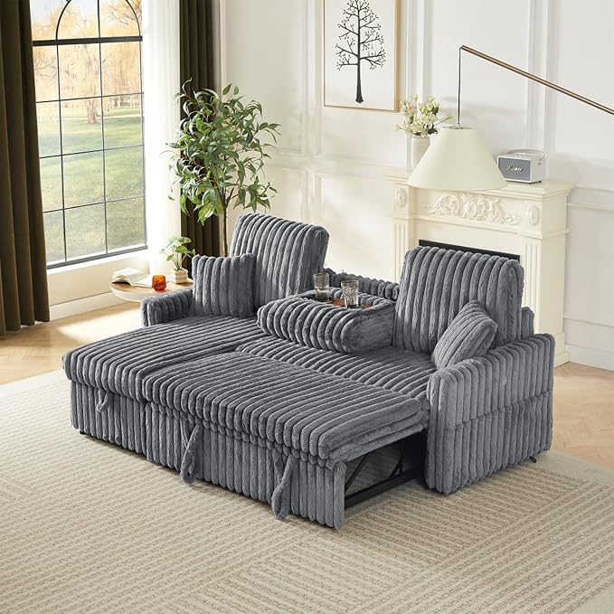KCGKCG Sleeper Sofa Bed, 81” Pull Out Couch Bed with Reversible Storage Chaise, 3 in 1 L-Shaped Couch with Charging Station, Cup Holder, Side Pocket, Plush Corduroy Couches for Living Room(Light Grey)
