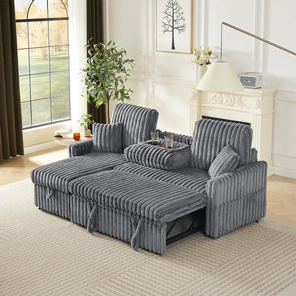 KCGKCG Sleeper Sofa Bed, 81” Pull Out Couch Bed with Reversible Storage Chaise, 3 in 1 L-Shaped Couch with Charging Station, Cup Holder, Side Pocket, Plush Corduroy Couches for Living Room(Light Grey)
