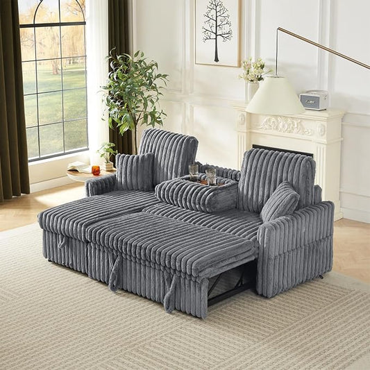 KCGKCG Sleeper Sofa Bed, 81” Pull Out Couch Bed with Reversible Storage Chaise, 3 in 1 L-Shaped Couch with Charging Station, Cup Holder, Side Pocket, Plush Corduroy Couches for Living Room(Light Grey)