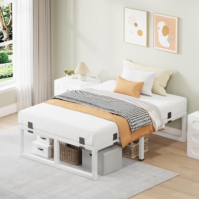 Twin Bed Frames, 14 Inch Metal Platform Bed Frame with Squeak Free U-Slot Design, 6 Non-Slip Guards, 3500lbs Heavy Duty Steel Slat Support, No Box Spring Needed, Under Bed Storage, White