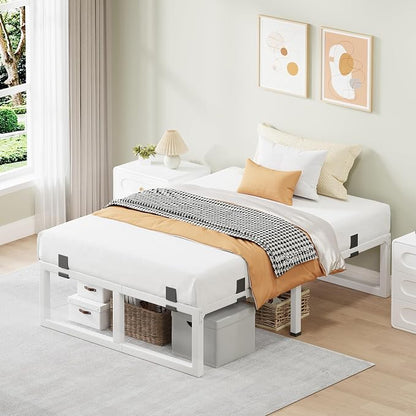 Twin Bed Frames, 14 Inch Metal Platform Bed Frame with Squeak Free U-Slot Design, 6 Non-Slip Guards, 3500lbs Heavy Duty Steel Slat Support, No Box Spring Needed, Under Bed Storage, White