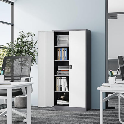 Fesbos Metal Storage Cabinet-72” Tall Steel File Cabinets with Lockable Doors and Adjustable Shelves-White&Gray Steel Storage Cabinet for Home Kitchen, Office, Garage