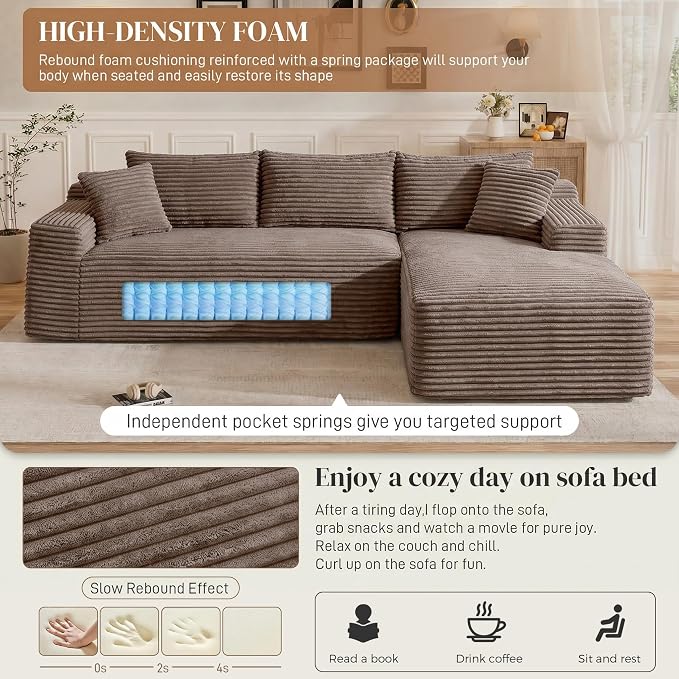 95" L Shaped Cloud Boneless Sectional Couches for Living Room, Modern Comfy Modular Deep Seat Memory Foam Compressed Corduroy Sofa Oversized Right Facing Chaise, No Assembly Required, Brown