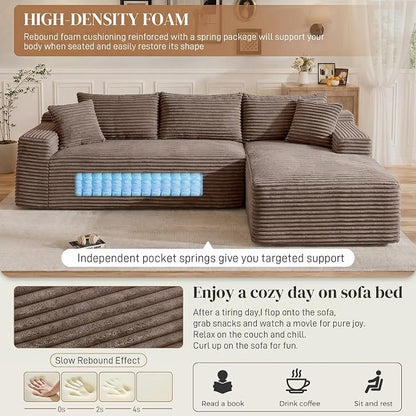 95" L Shaped Cloud Boneless Sectional Couches for Living Room, Modern Comfy Modular Deep Seat Memory Foam Compressed Corduroy Sofa Oversized Right Facing Chaise, No Assembly Required, Brown
