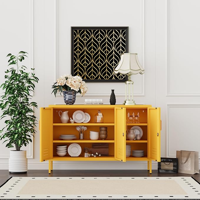 Yellow Wide Metal Storage Cabinet, 32" H Heavy Duty Steel Locker with Lock, 2 Adjustable Shelves & Ventilated Doors for Home Office Kitchen Living Room